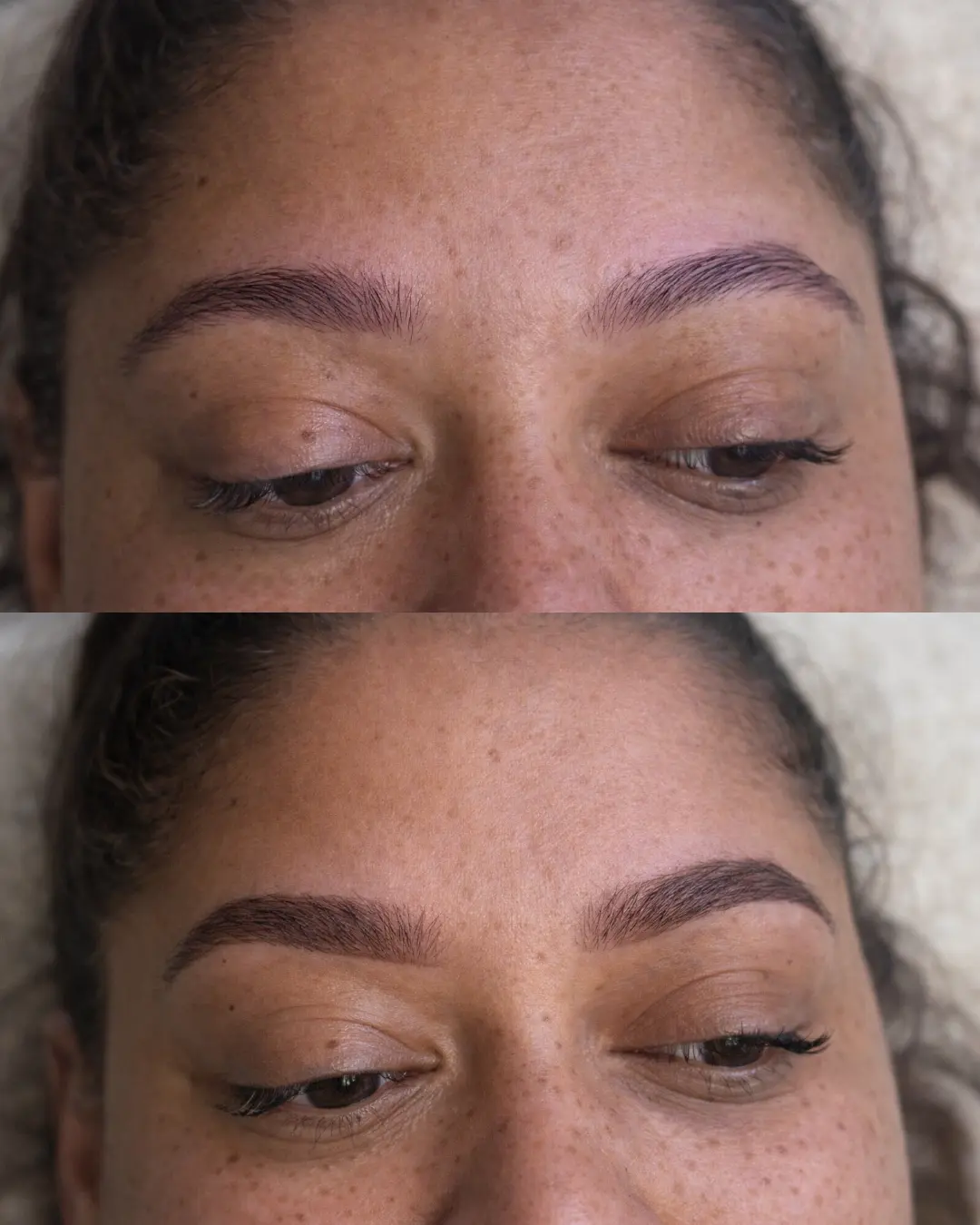 Before and after of freshly worked hair-stroke brows