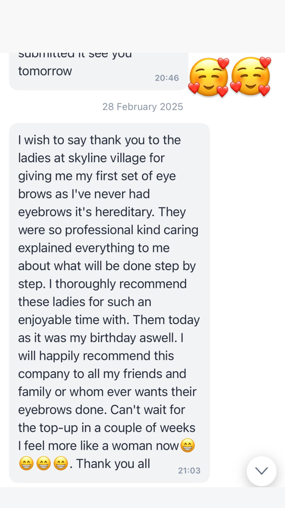 Client thank you message about their first set of eyebrows