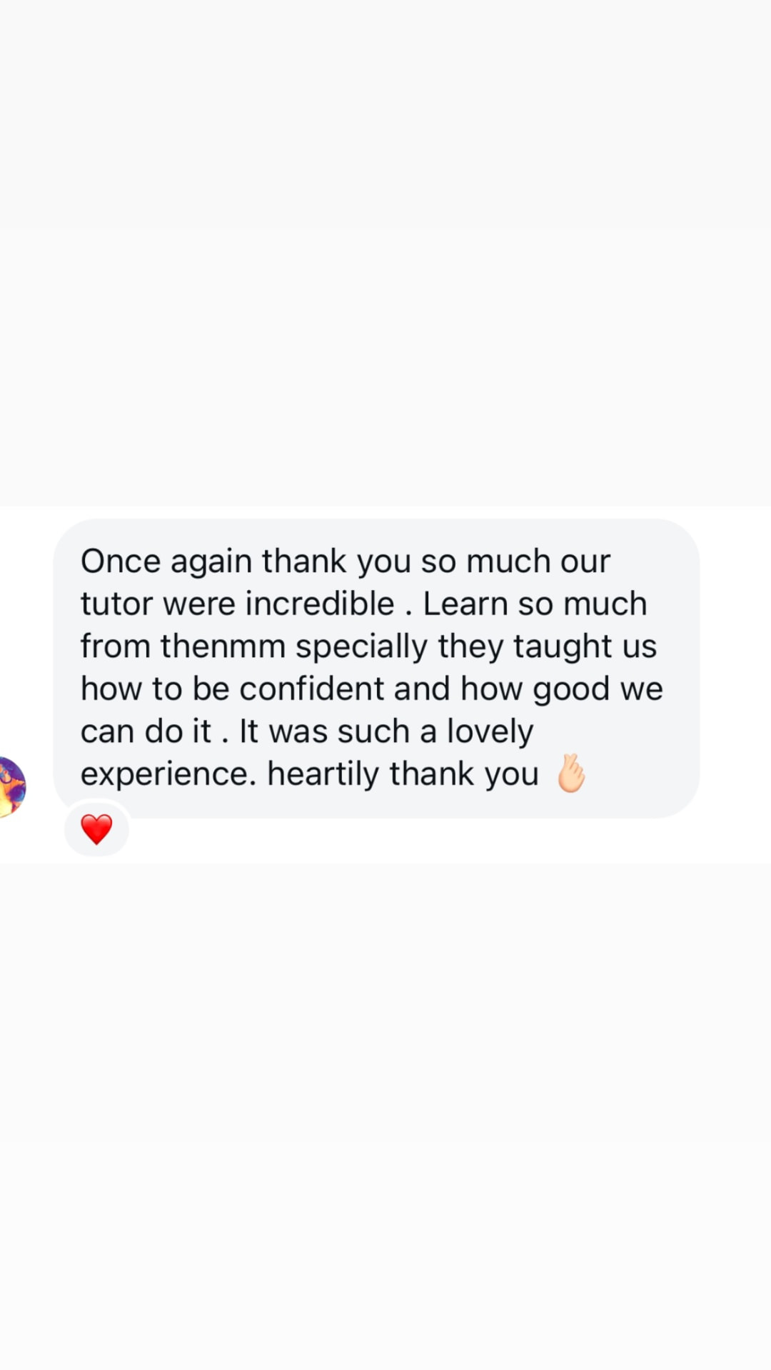 Thank you message about the tutors building student confidence