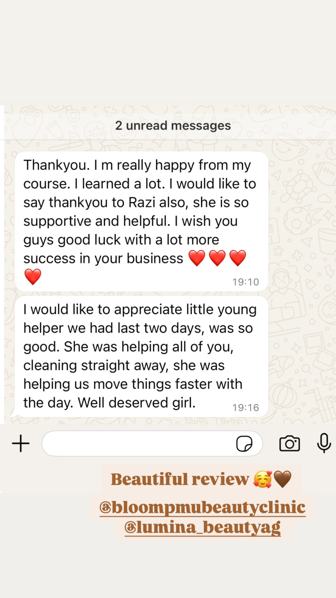 WhatsApp review thanking Razi and the team for a great course