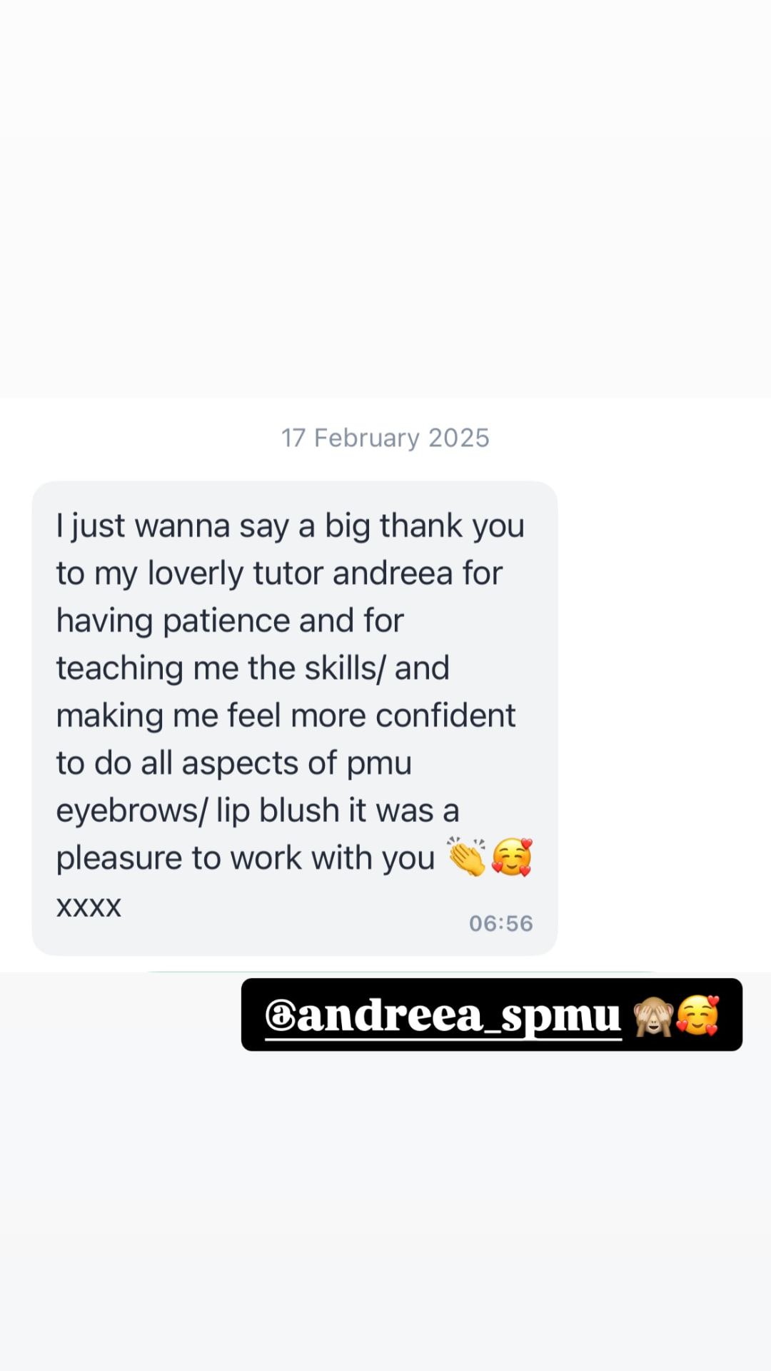 Student thanking tutor Andreea for teaching PMU brows and lip blush