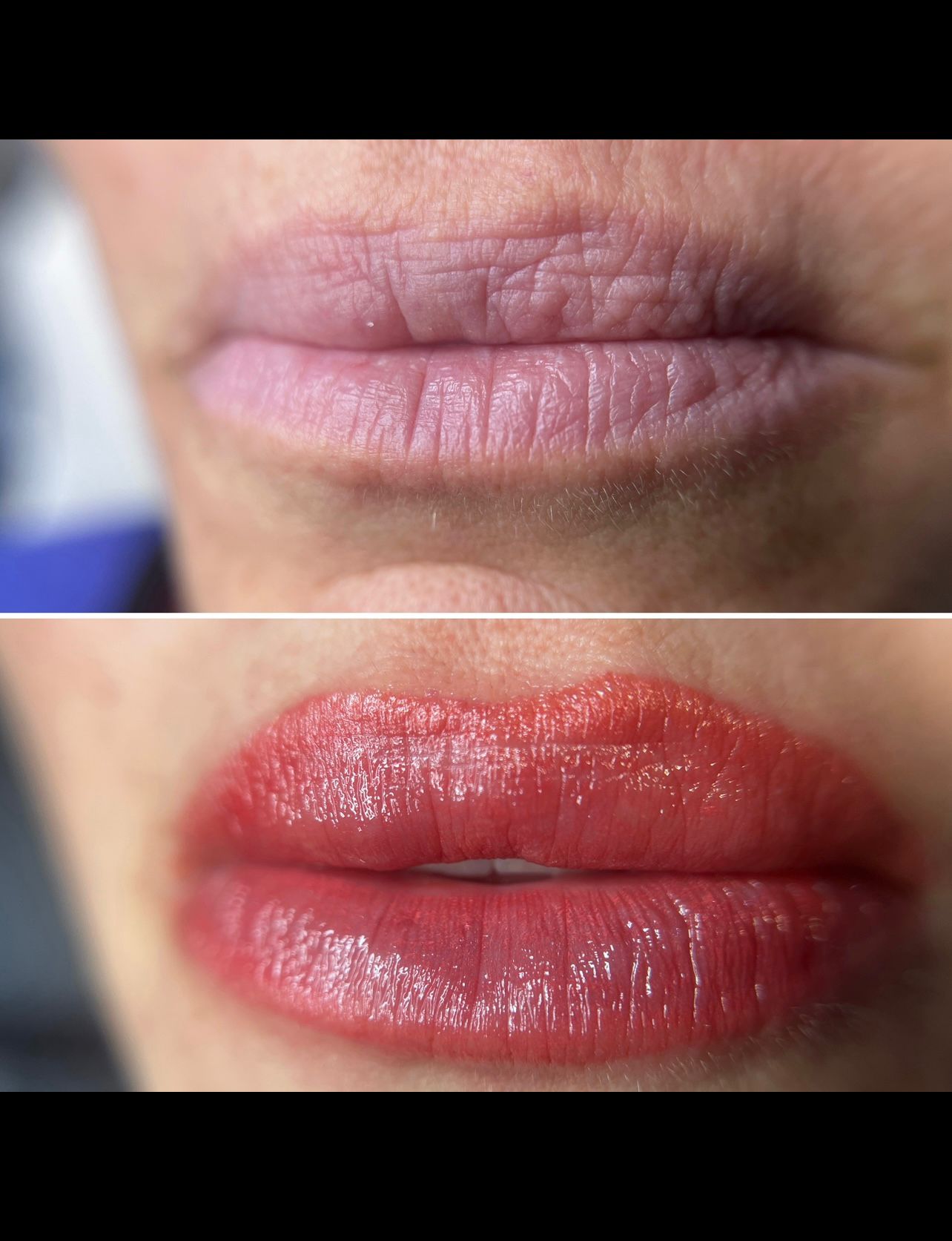 Before and after lip blush adding rich colour and definition