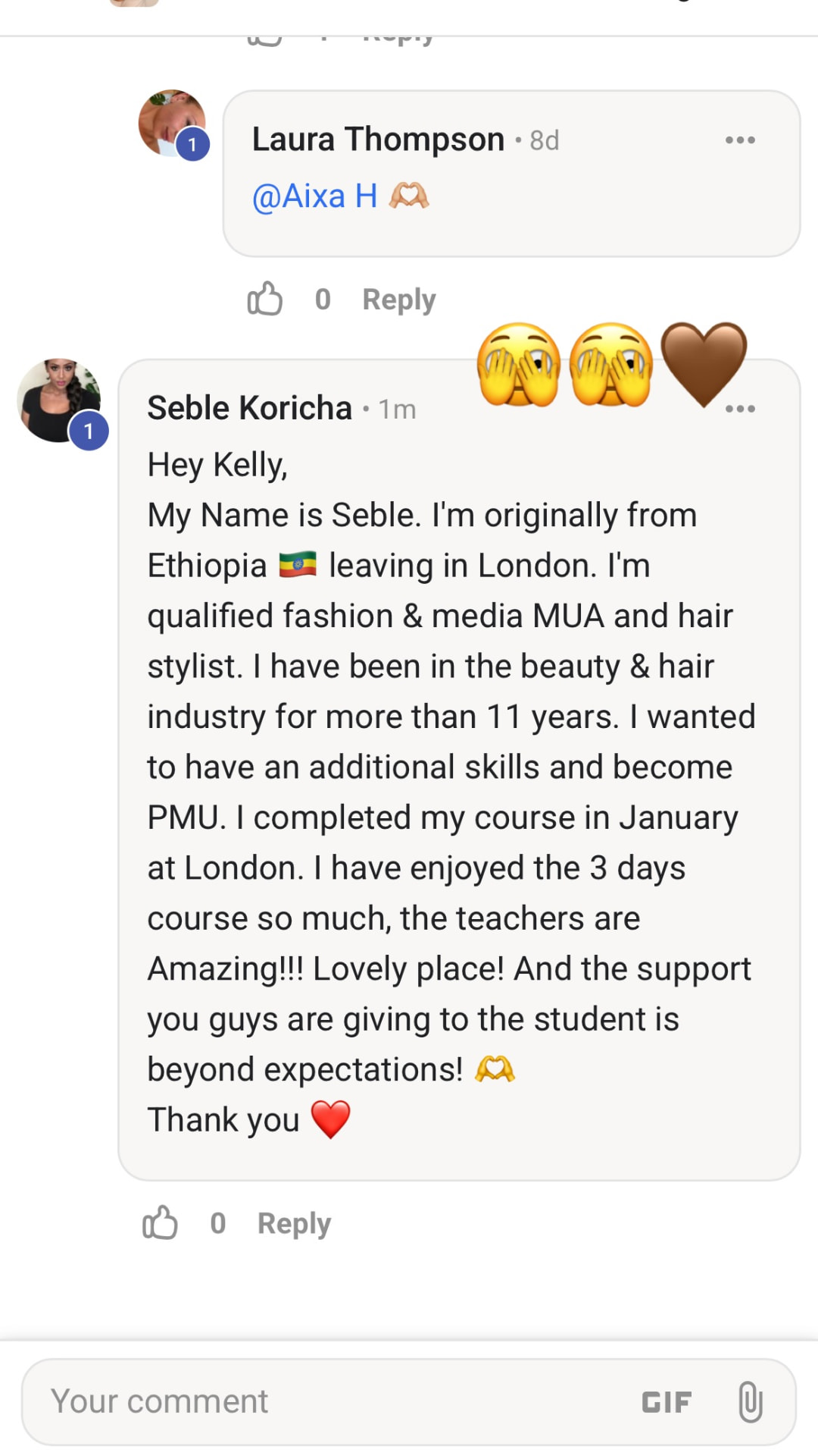 Comment from a student praising the teachers and student support