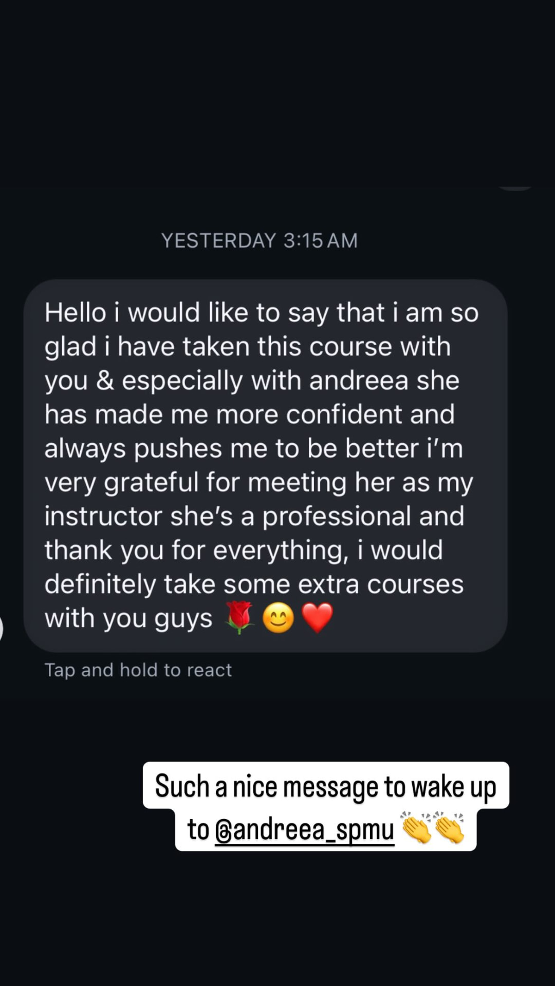 Message from a student grateful for the course and instructor