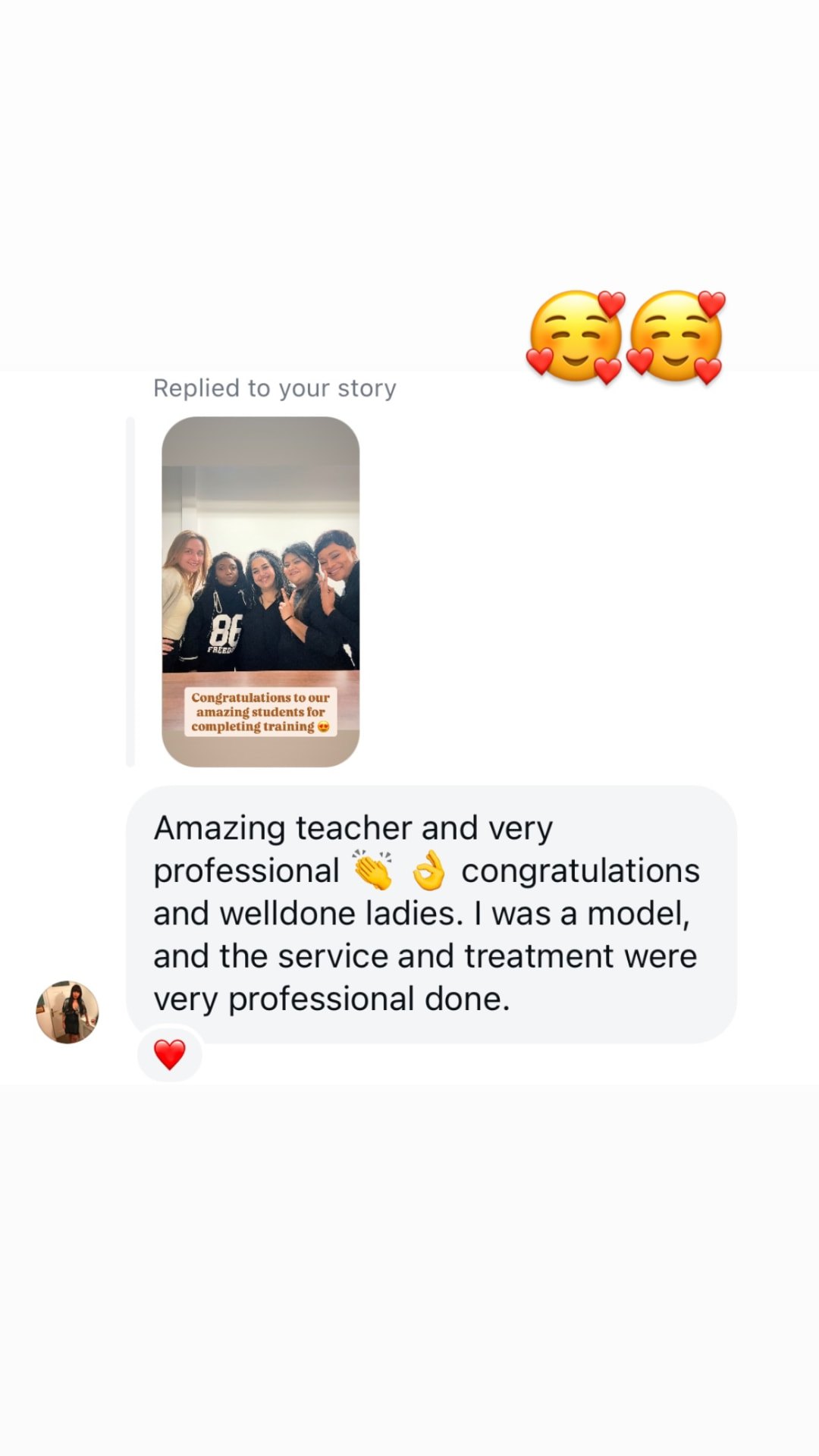 Model's message praising the professional treatment and teaching