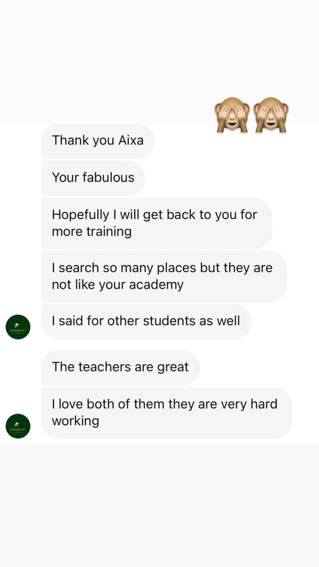 Messages from a student saying the teachers are great