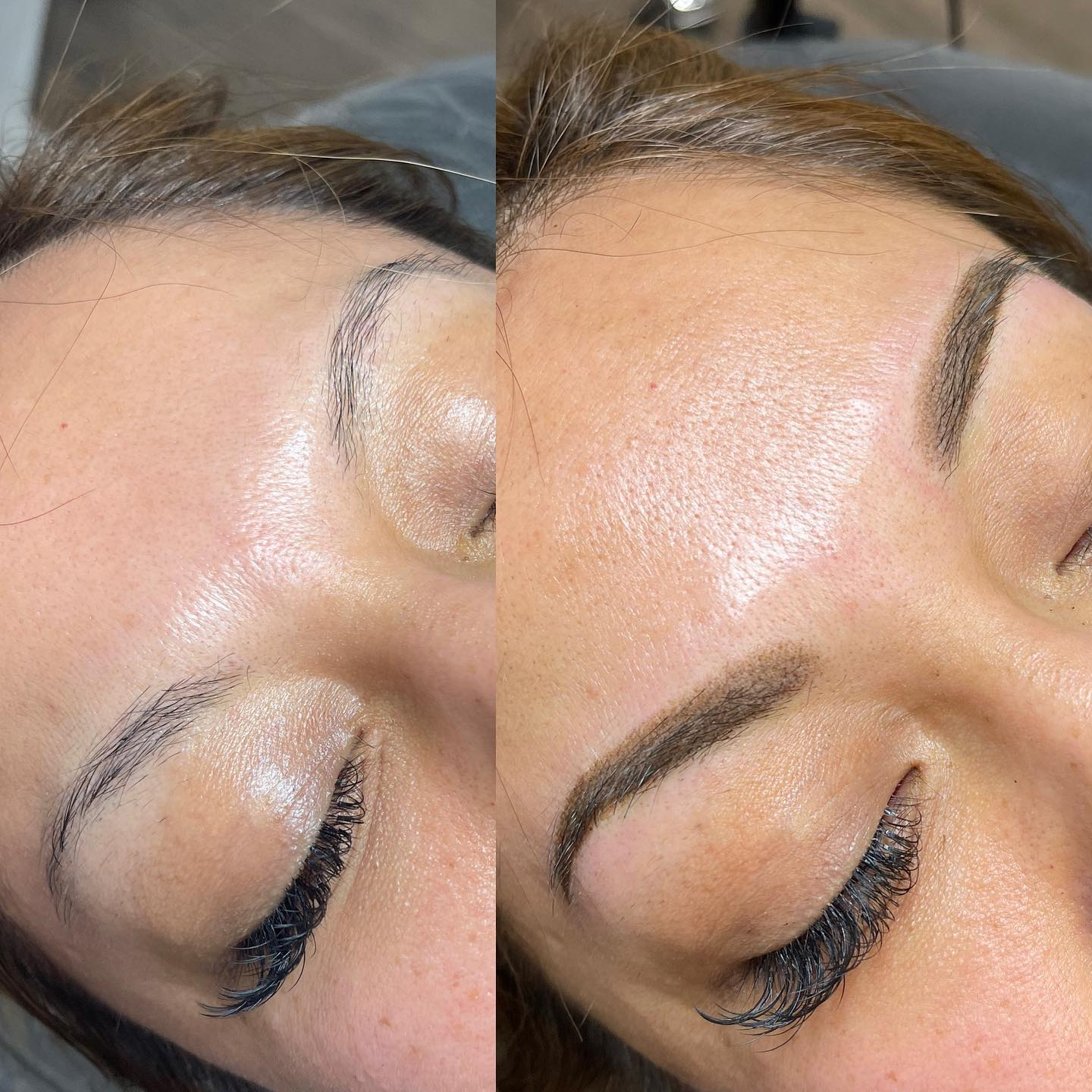 Before and after ombré powder brows on a student's live model