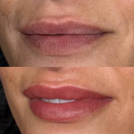 Before and after lip blush on a mature client
