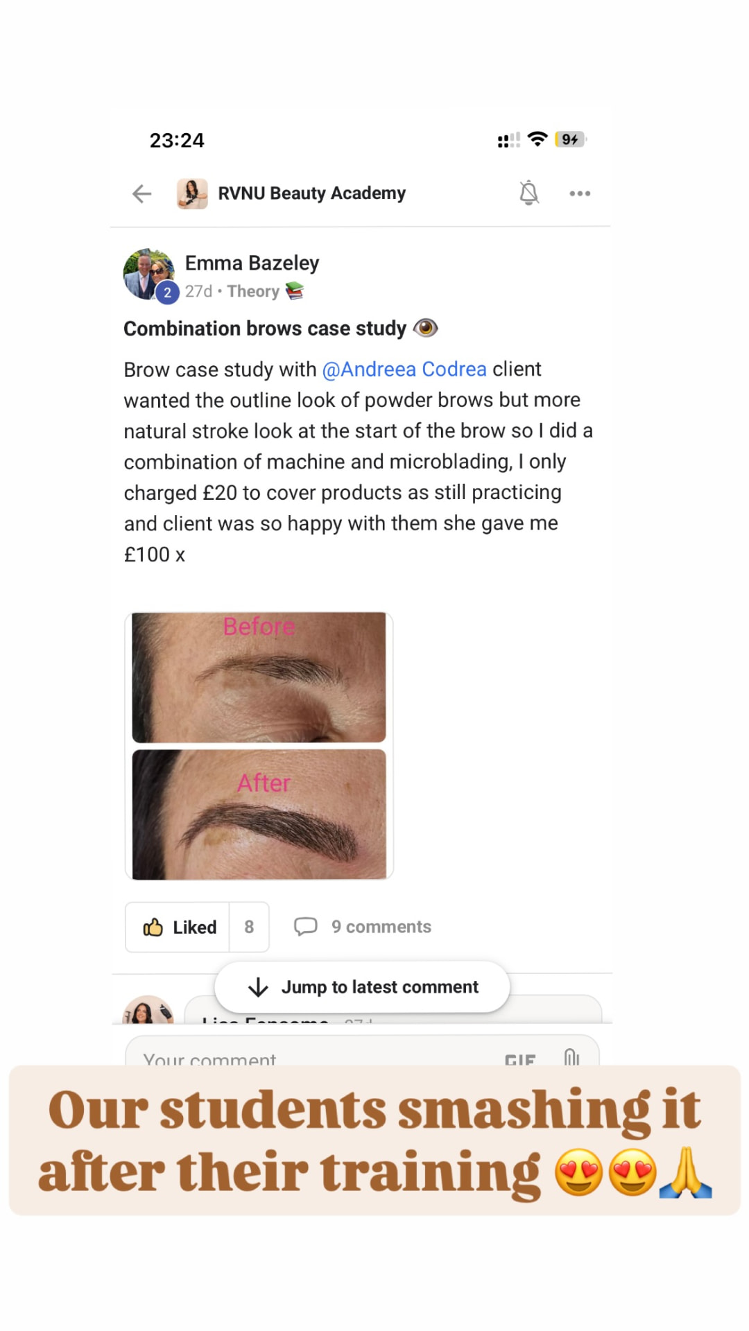 Student case study post showing combination brows after training