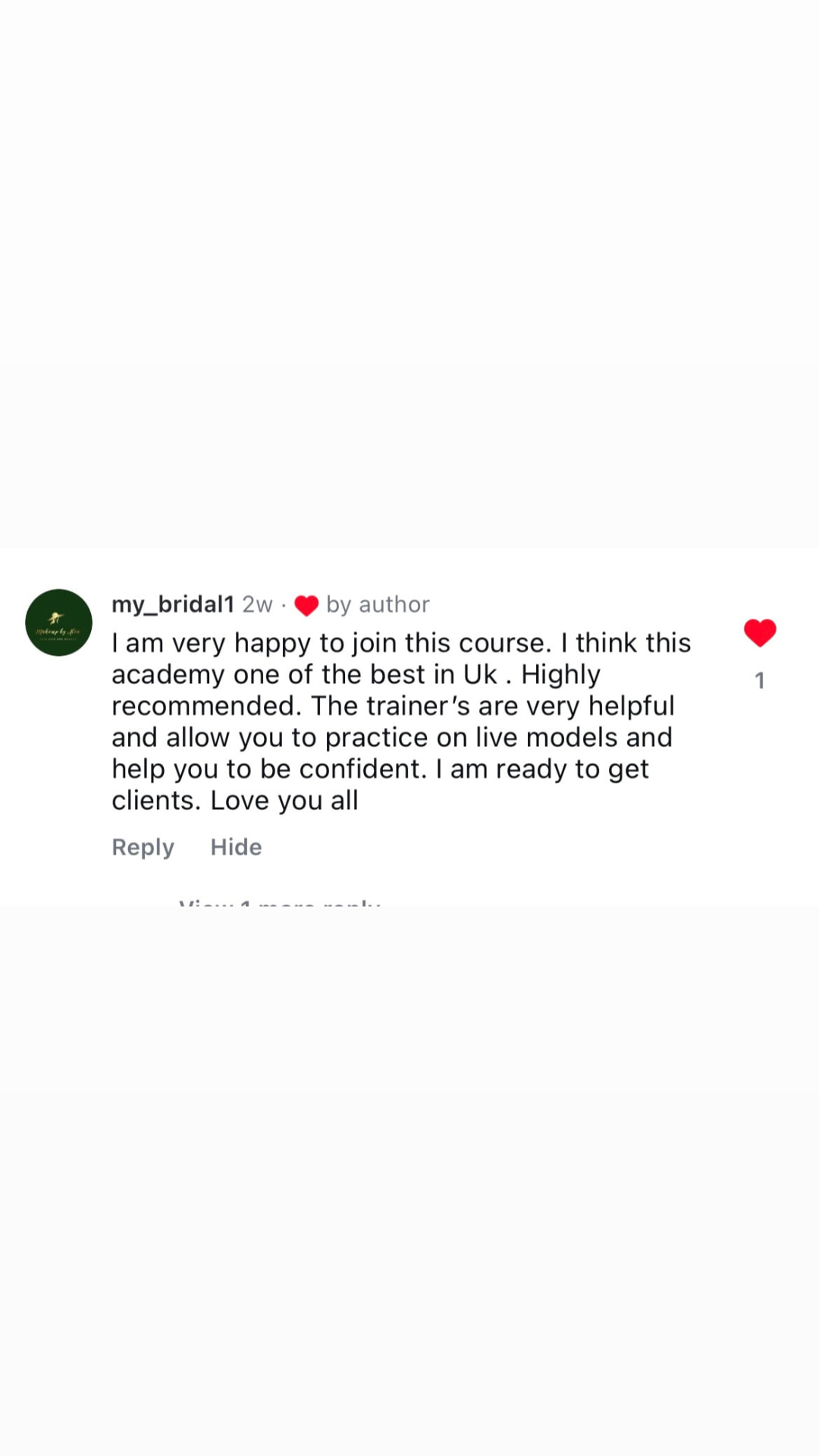 Instagram comment calling the academy one of the best in the UK