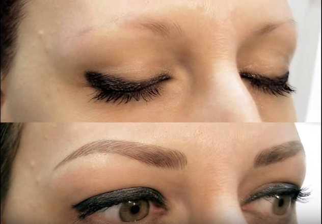 Before and after hair-stroke brow result