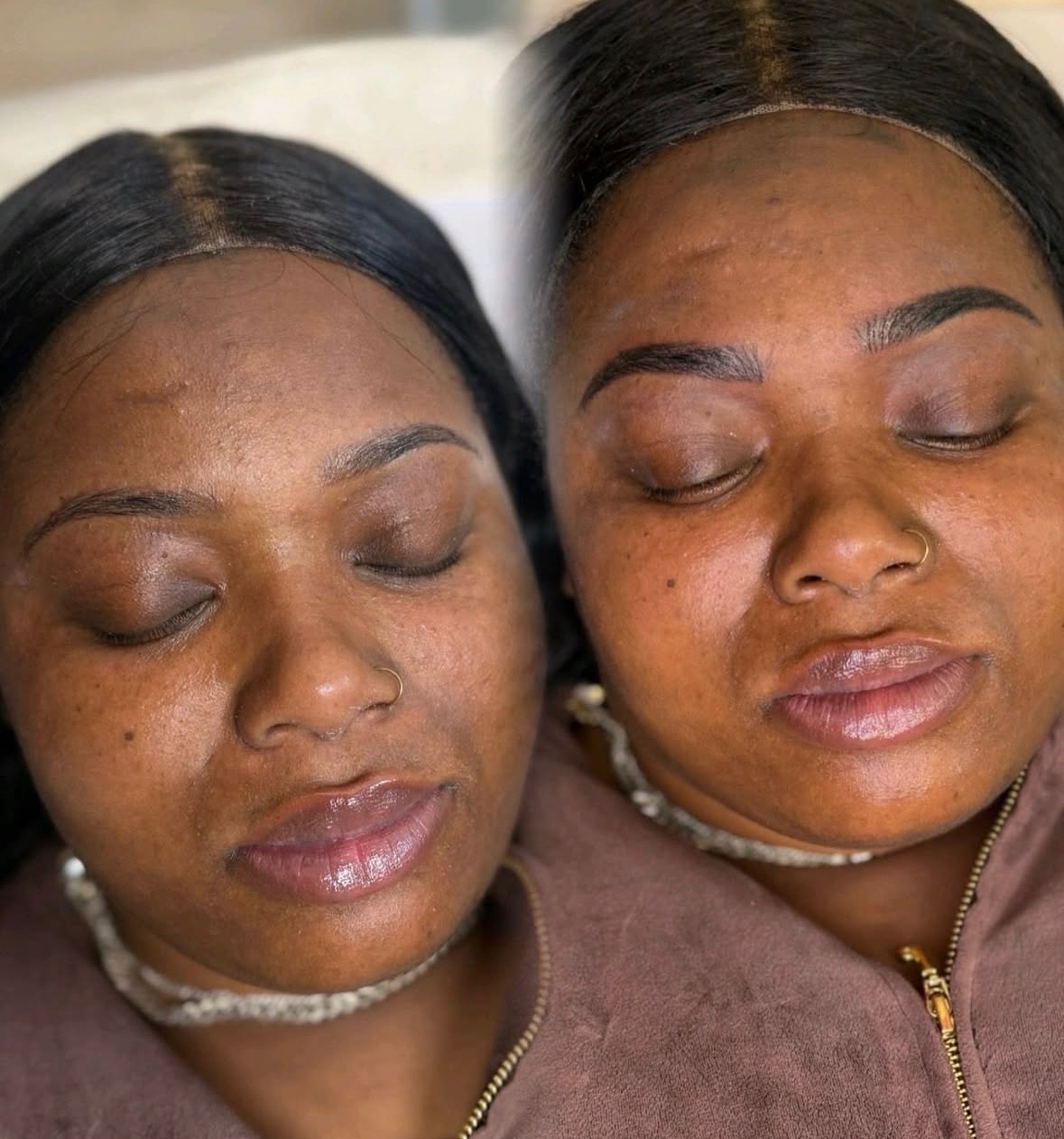 Before and after brows and lip blush on deeper skin tones