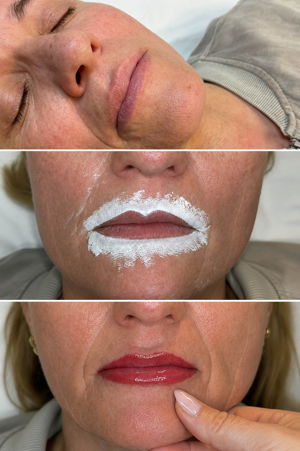 Lip blush treatment steps from before to healed glossy finish