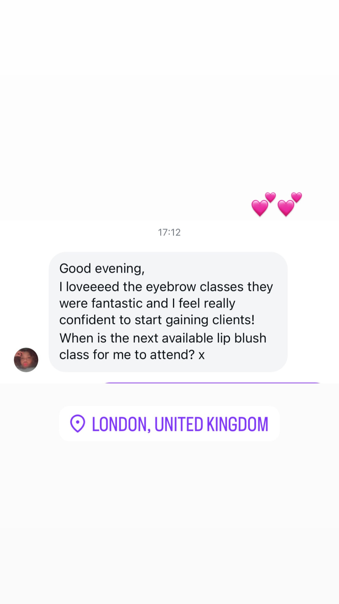 Student message about loving the eyebrow classes and feeling confident