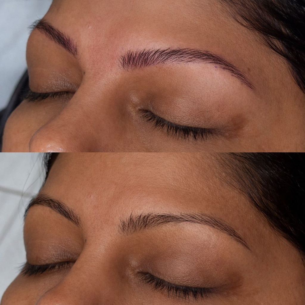 Before and after of microbladed hair-stroke brows